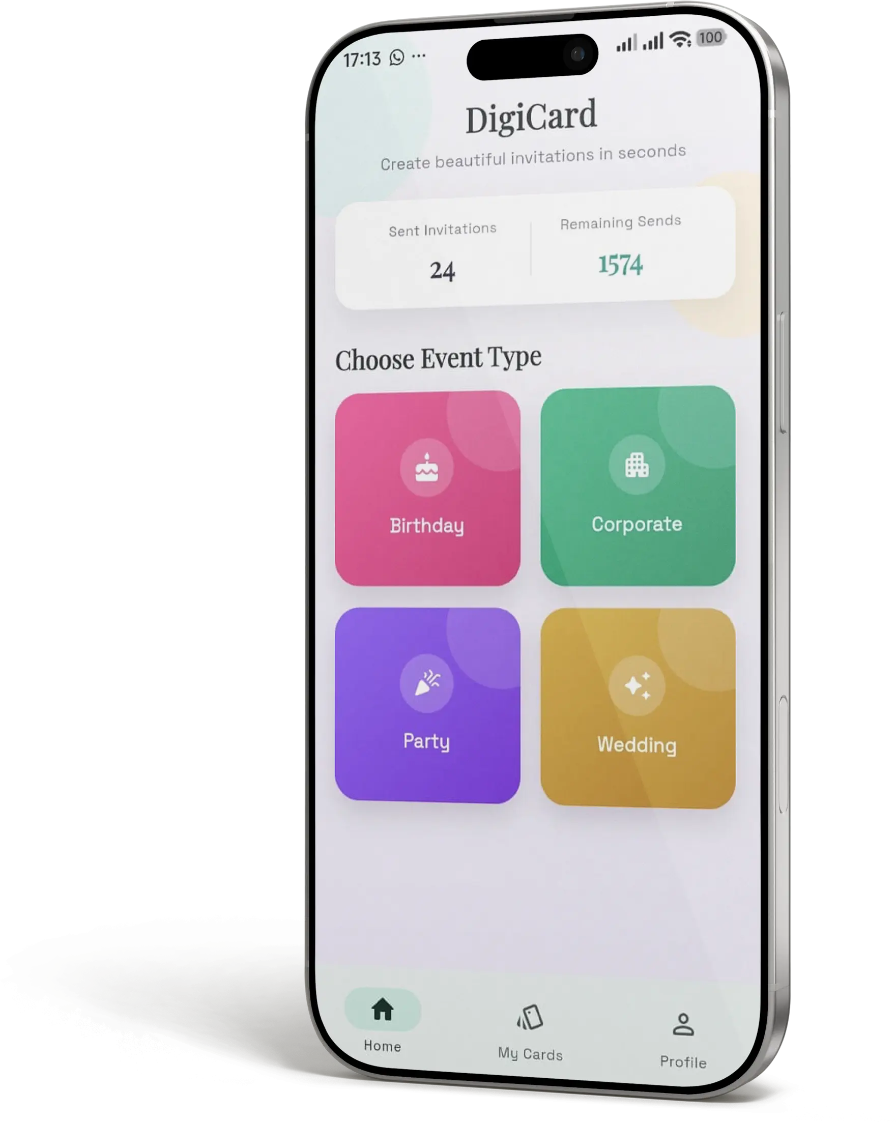 Digi Cards home screen showing event types